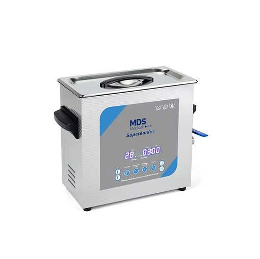 An MDS Supersonic cleaner in stainless steel with a gray front panel, digital LED display, and blue accents, shown on a white background.