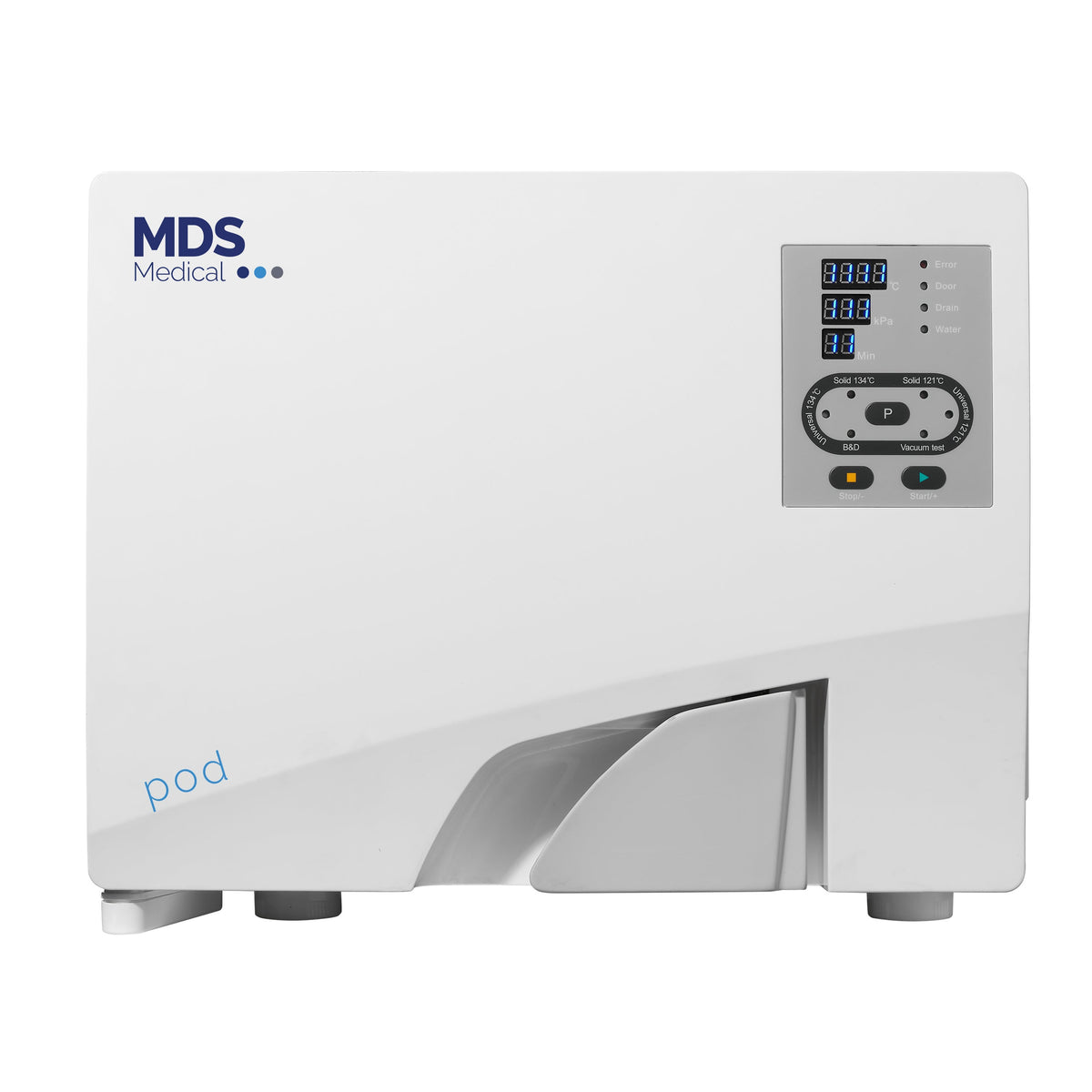 A white MDS Medical pod machine with a digital control panel on the right side and a blue 'pod' label on the lower left, shown against a plain white background.