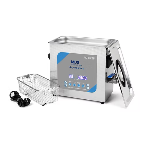 MDS Supersonic ultrasonic cleaner in stainless steel with a digital control panel, shown with its wire basket and power cord on a white background.