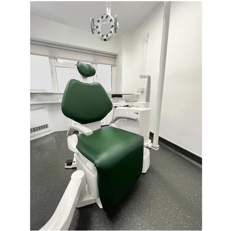 A green and white Belmont Eurus dental chair in a clinical dental office with a window, dental light, and dental equipment visible in the background.