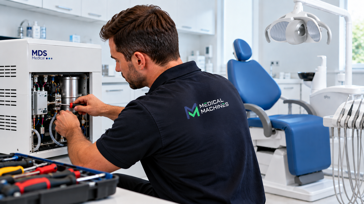 Dental engineer fixing an autoclave in a dental room with chair and operating light in the background.