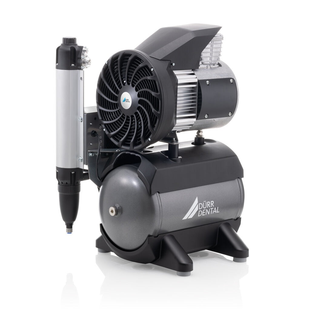 A Durr Dental air compressor with an integrated electric motor, fan, and vertical air tank, shown on a clean white background.