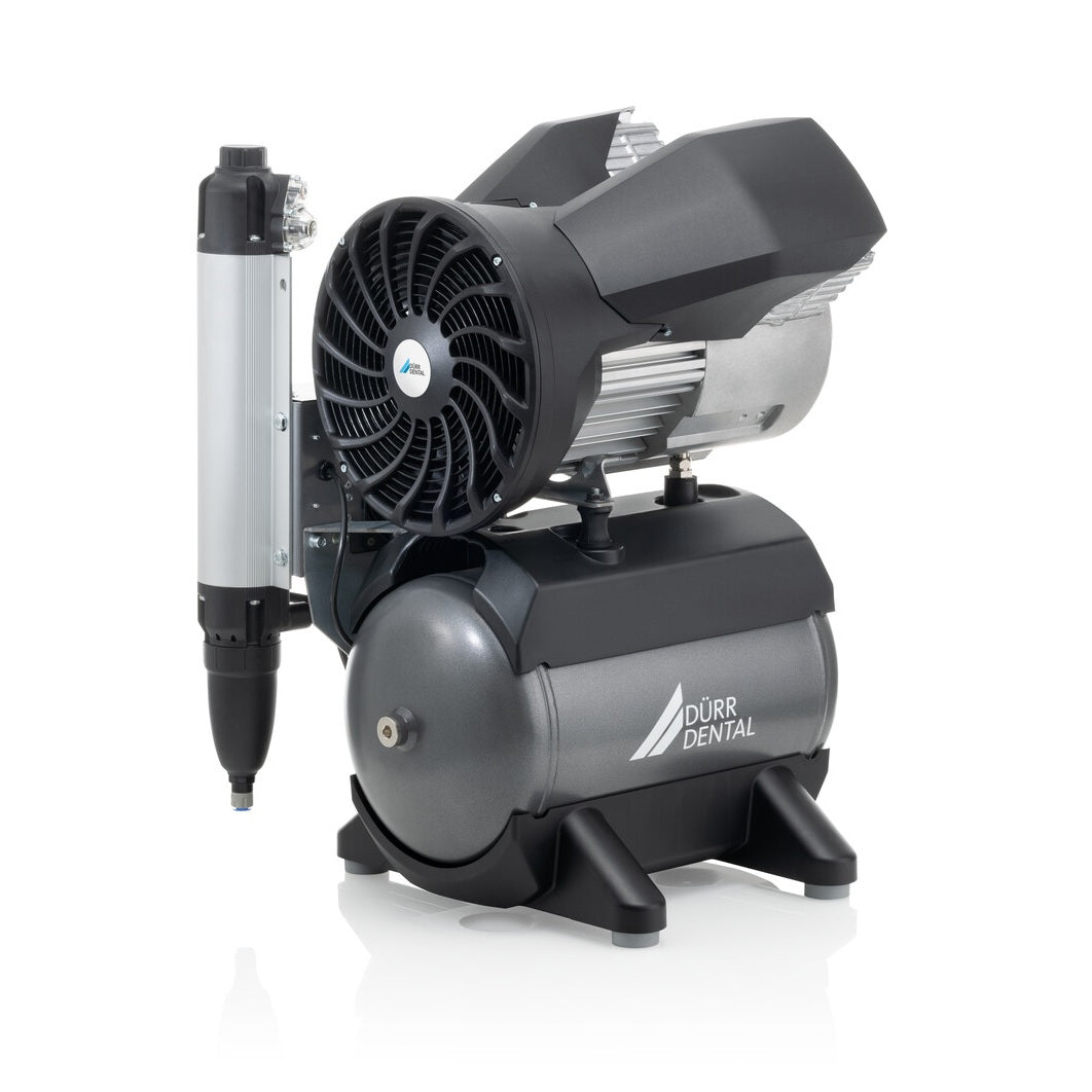 A Dürr Dental air compressor with an integrated fan and a vertical air needle assembly, shown on a clean white background with a subtle reflection.