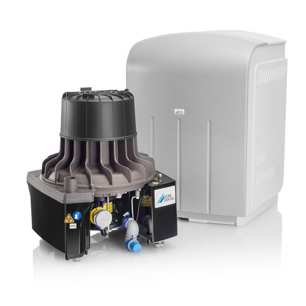 Dental suction pump from Durr dental pictured infront of a silencer housing.