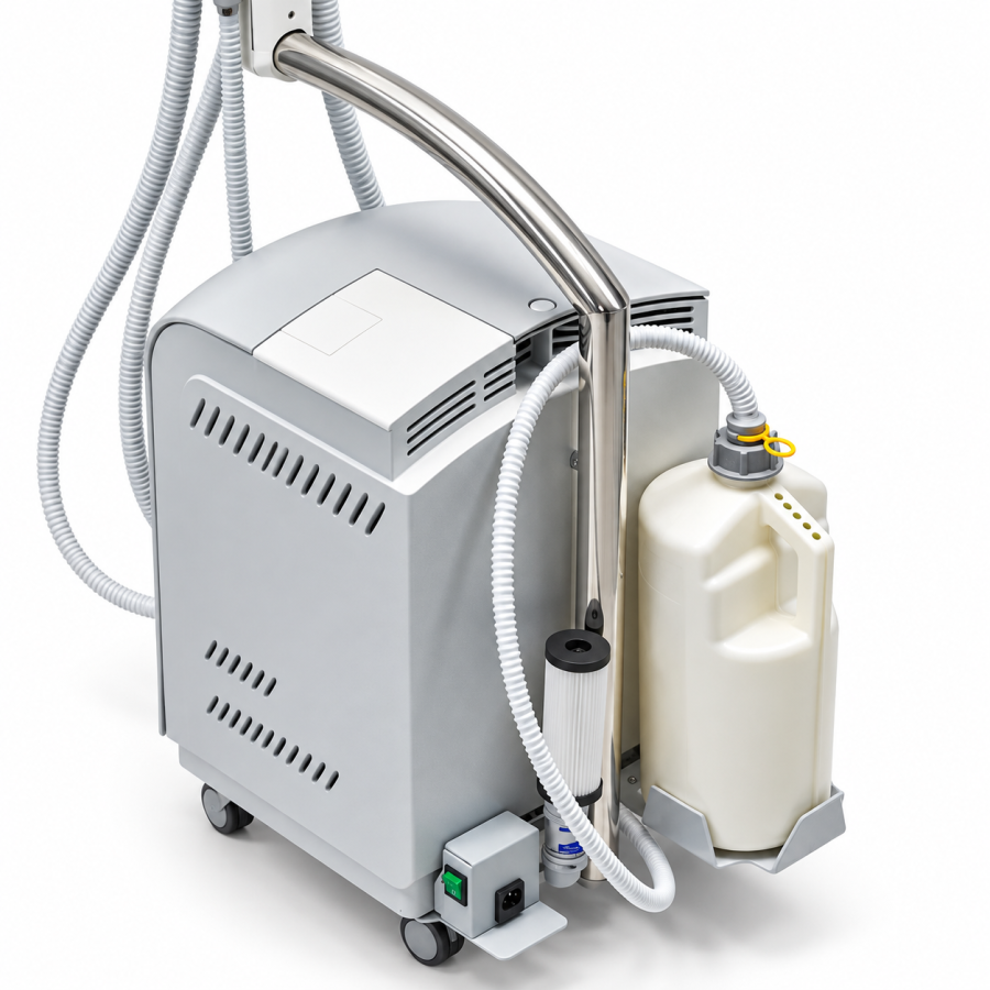 Portable dental suction pump by Durr dental pictured from behind.
