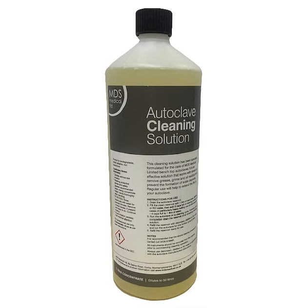 A bottle of MDS Medical Supplies Autoclave Cleaning Solution, featuring a black cap and a label with a dark gray top section and white lower section, containing a pale yellow liquid.