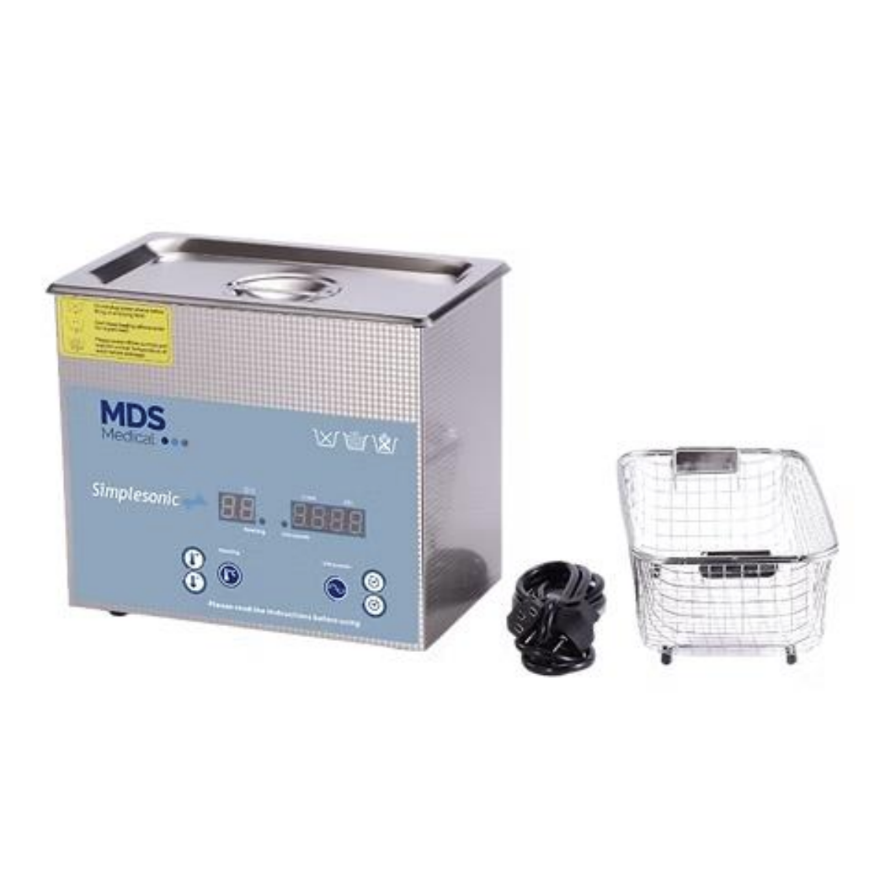 An MDS Product Simpsonic ultrasonic cleaner with a stainless steel body, blue front control panel, yellow warning label, a black power cord, and a clear wire basket on a white background.