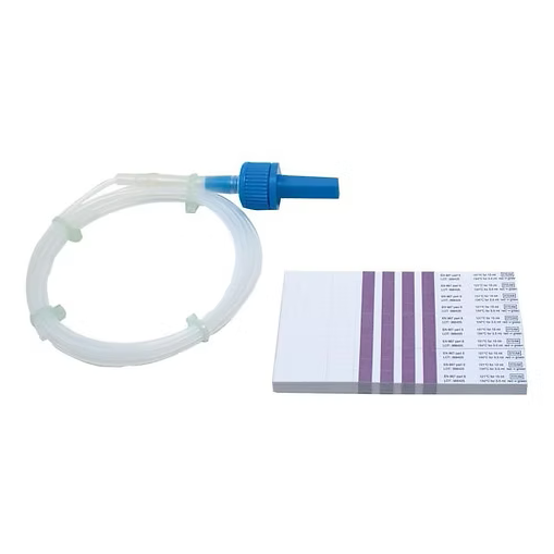 A medical test strip kit featuring a coiled clear plastic tube with a blue cap and a stack of white test strips with purple indicator lines, shown on a plain white background.