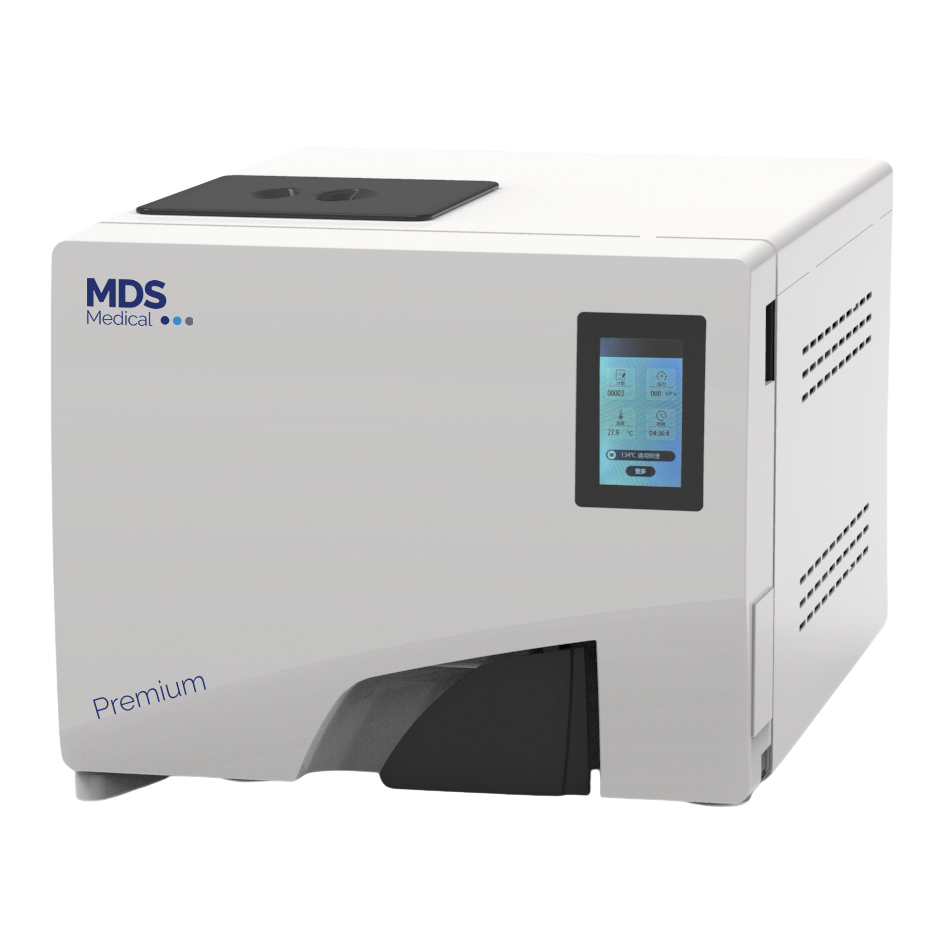 An MDS Medical Premium clinical device in white with black accents, featuring a digital touch screen display on the front right and a paper tray opening at the bottom.