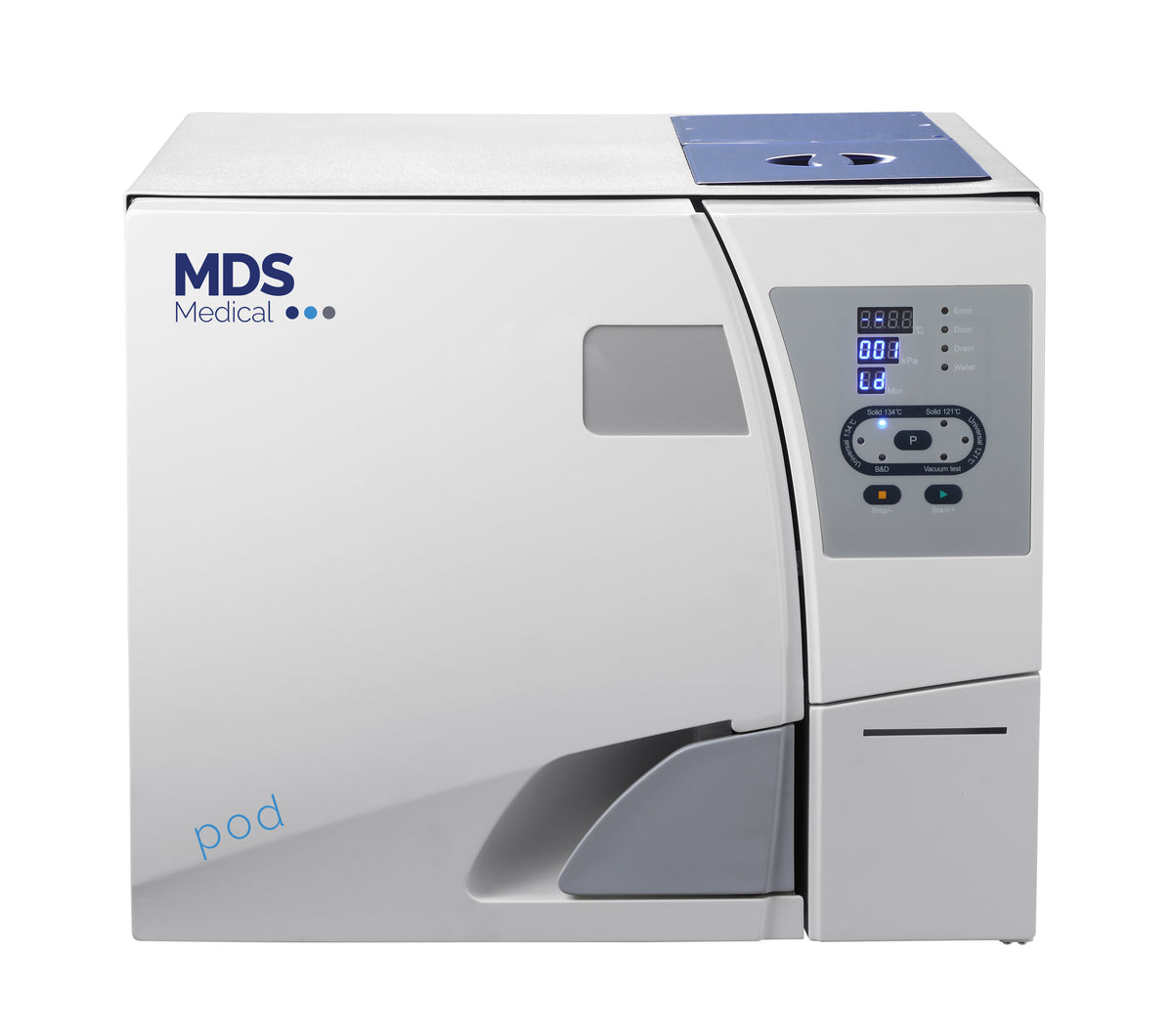 An MDS Medical pod autoclave machine in white and gray with a blue top lid and a digital control panel on the right side.