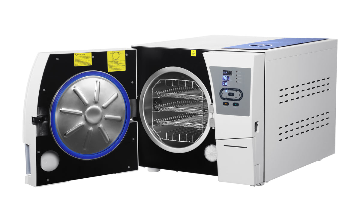 A clinical autoclave sterilizer machine with its door open, showing the interior steam chamber, digital control panel, and ventilation grates on a white background.