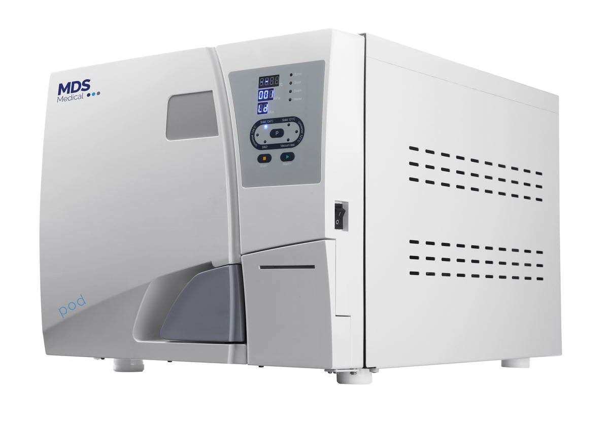 An MDS medical autoclave shown in a clean white studio setting with a blue top lid accent.