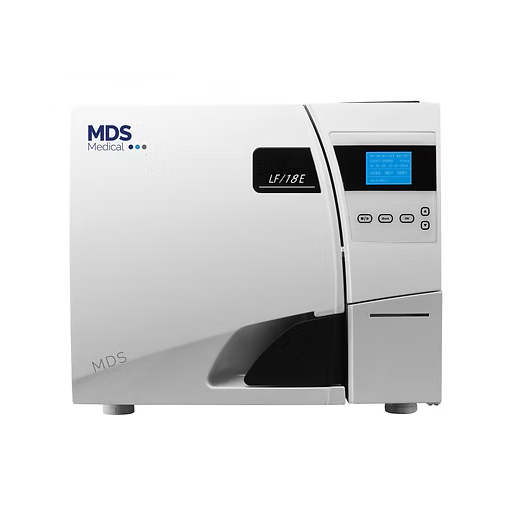 MDS Medical LF/18E clinical device in white and gray with a small blue display screen and control buttons on the front, shown on a plain white background.