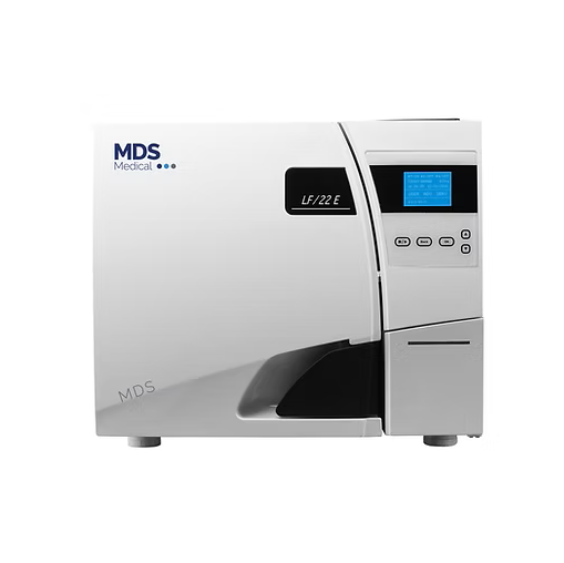 MDS Medical LP/22E autoclave steriliser machine in silver and black with a blue display screen, shown on a white background.