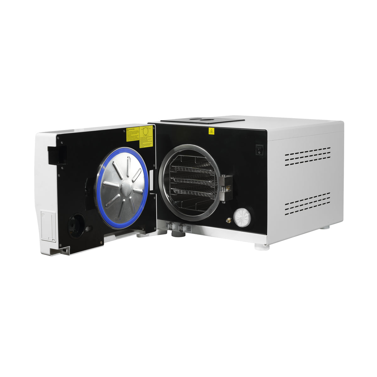 A white and black industrial autoclave or sterilizer machine with its door open, showing the interior chamber and a blue circular inner ring, photographed on a plain white background.