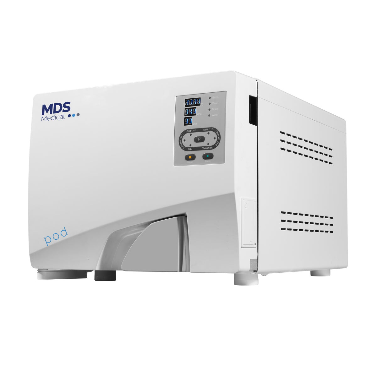 A white MDS autoclave device with a gray handle and a small blue logo on the top front, shown against a plain white background.