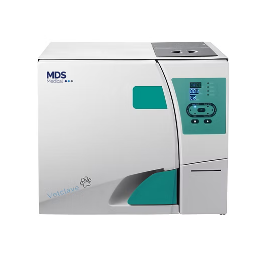 MDS Medical Vetclave autoclave machine in white and teal, featuring a digital control panel on the right side and a paw print logo on the front.