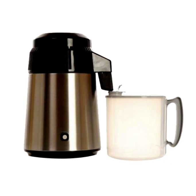 A stainless steel and black electric water distiller with a clear plastic pitcher, shown on a plain white background.