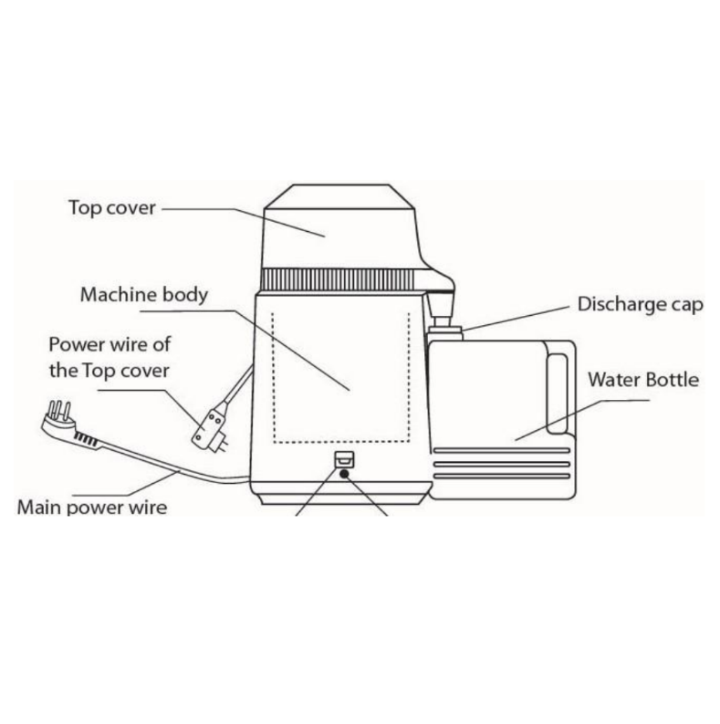 MDS Water Distiller Technical Diagram showing top cover, main body, water bottle, power cable and discharge cap.