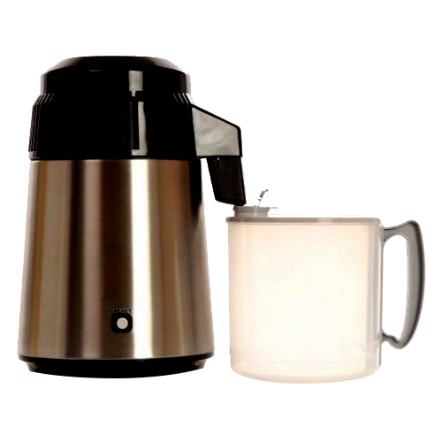 A stainless steel and black electric water distiller with a clear plastic pitcher from MDS Medical, shown on a plain white background.